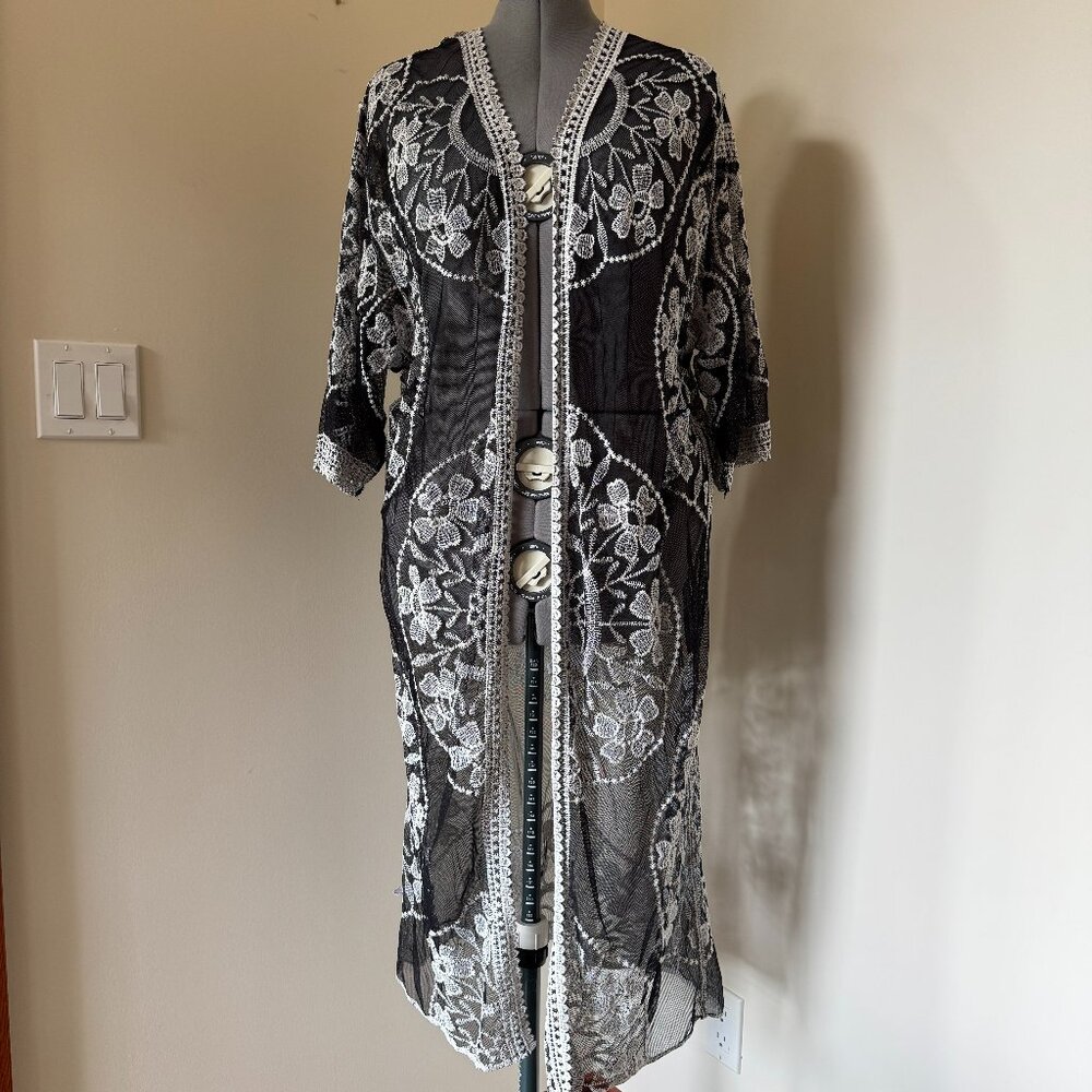 Black Sheer Floral Embroidered Kimono Cardigan